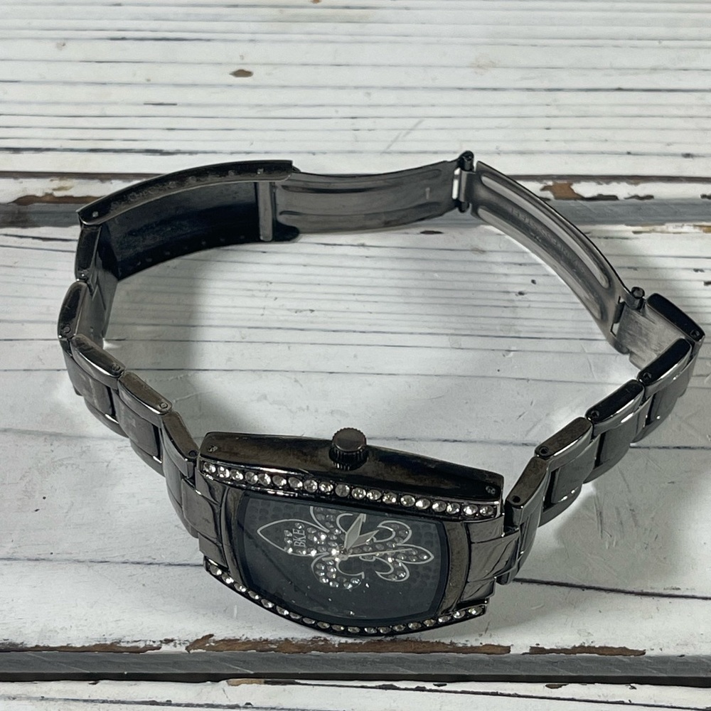 *NEW BATTERY* BKE watch fleur-de-lis Lily Saints Rhinestone Gunmetal Black Steel - Picture 10 of 12